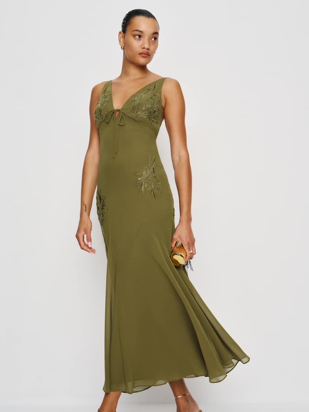 NWT Reformation Ziva Limited Edition Sequin Embellished Olive Green Midi Dress - Picture 8 of 10